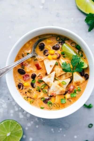 A delicious and creamy slow cooker chicken quesadilla soup with quesadilla croutons.