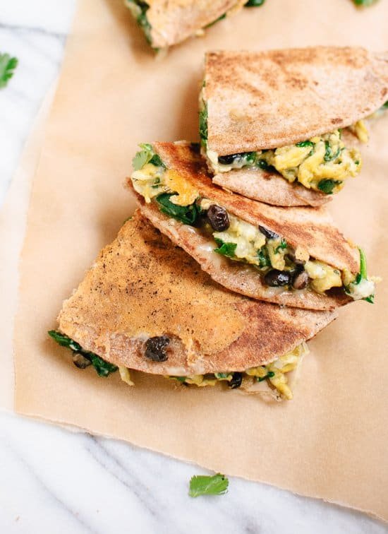 breakfast quesadillas with scrambled eggs spinach and black beans