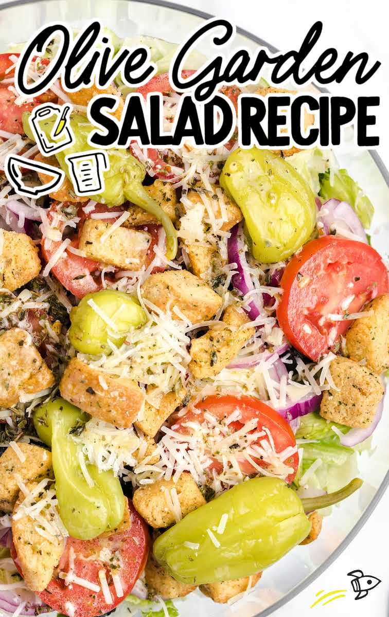 close up overhead shot of a bowl of Olive Garden Salad Recipe