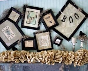 Vintage Halloween Mantel with burlap garland and picture frames