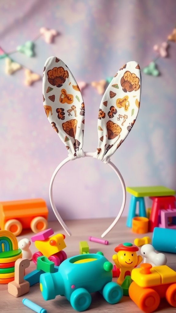 Animal print bunny ears on a headband, surrounded by colorful toys.