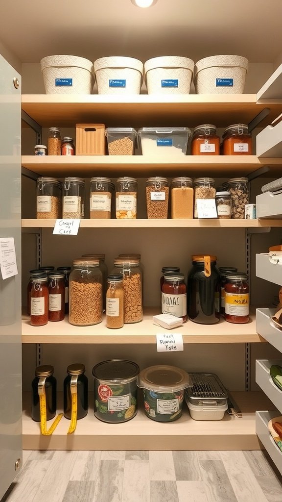 An organized pantry with clear containers, labeled items, and baskets