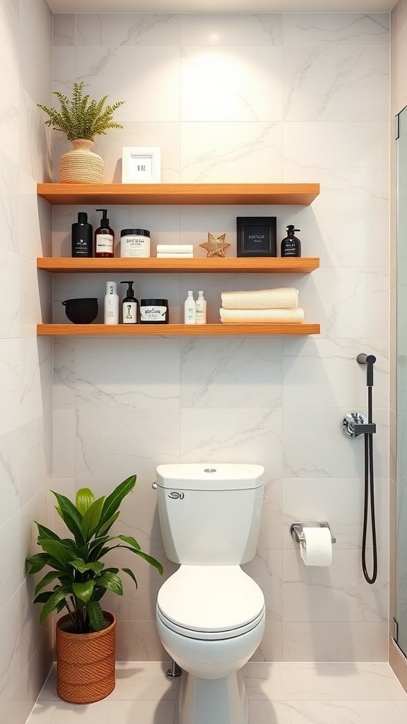 Stylish bathroom featuring wooden floating shelves with towels, plants, and toiletries.