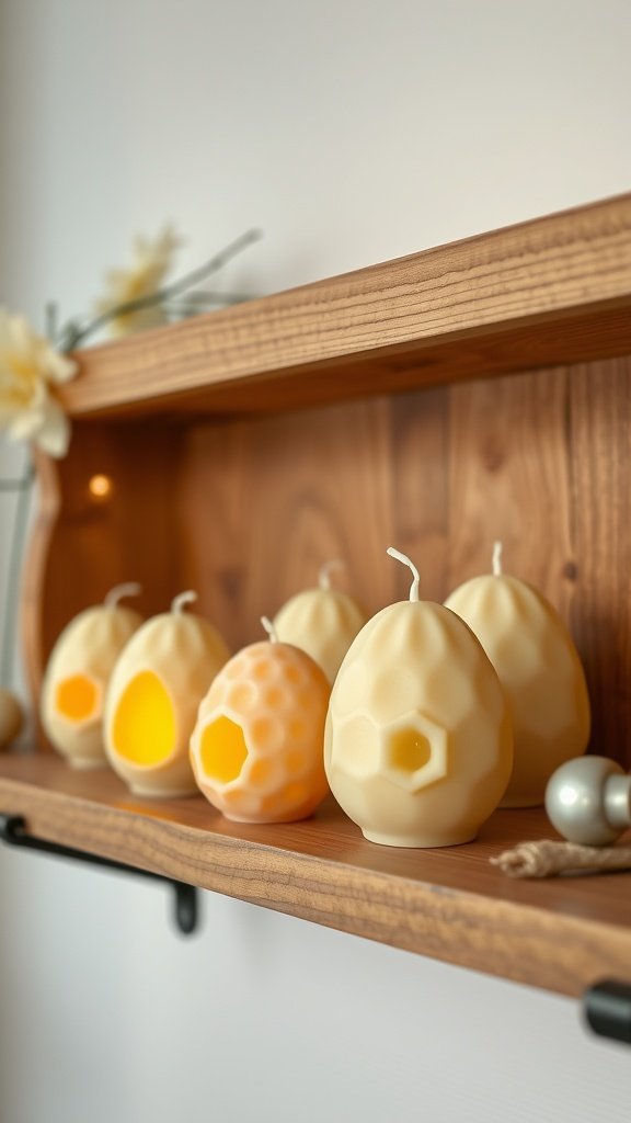 A display of beehive inspired egg candles on a wooden shelf, showcasing various shapes and designs.