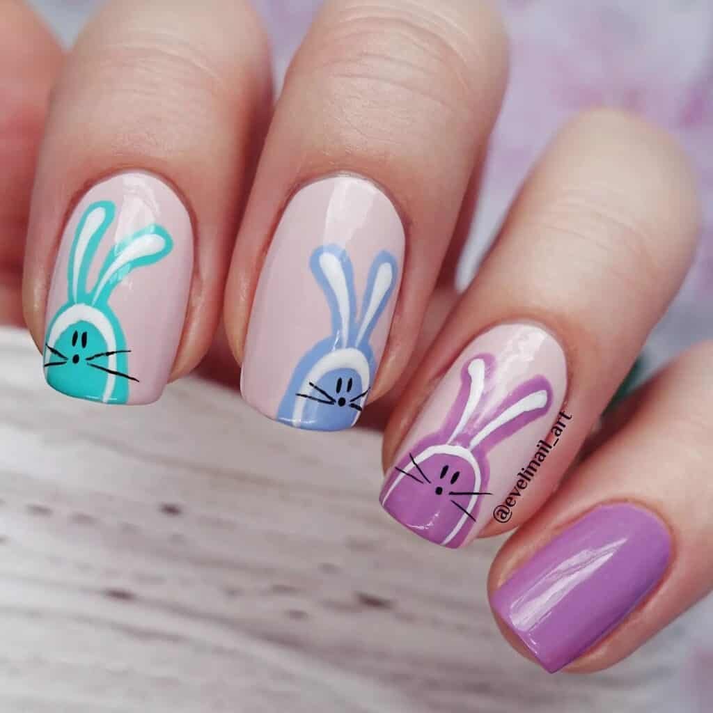 Delightful rabbit nail designs in soft pastel shades, ideal for Easter nails.