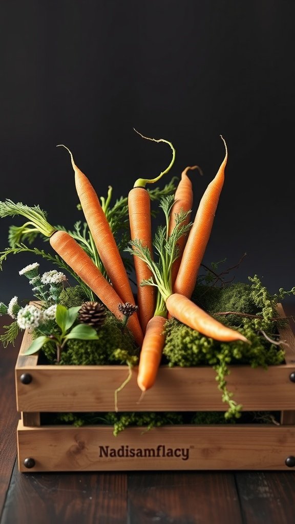 A wooden crate with carrots and greenery arranged as a centerpiece.