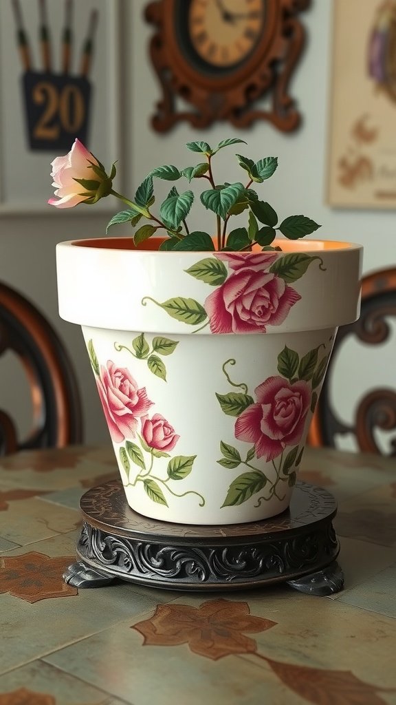 A charming hand-painted flower pot featuring vintage roses sitting on a decorative stand.