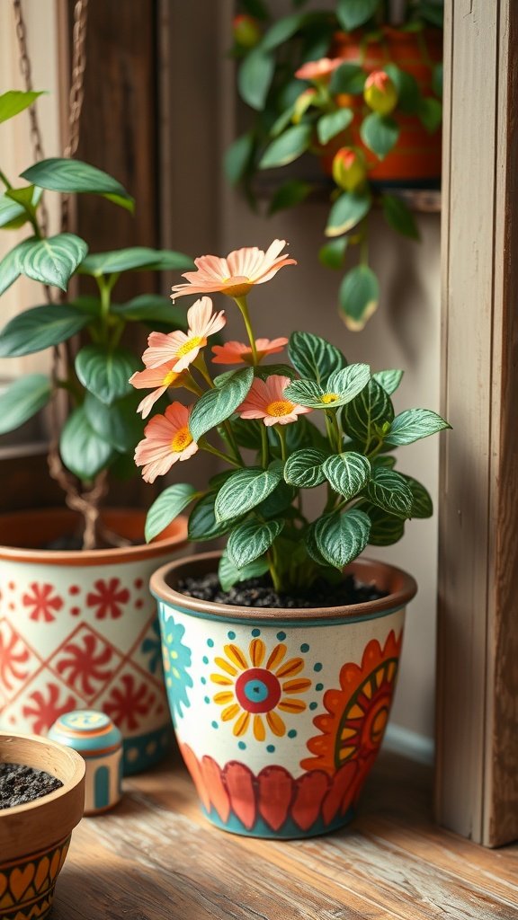 Chic hand-painted flower pots with colorful designs and blooming flowers
