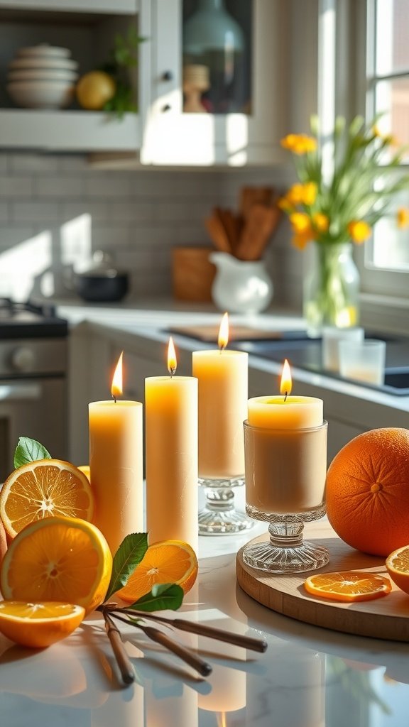A cozy kitchen scene with citrus scented candles, fresh oranges, and a sunny atmosphere.