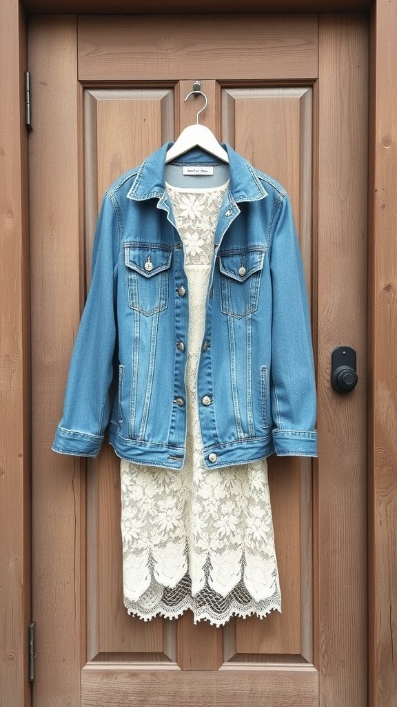 A classic denim jacket over a lace dress hanging on a wooden door.