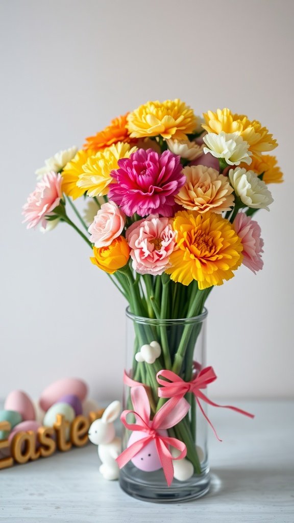 A colorful arrangement of carnations in a clear vase with Easter decorations.