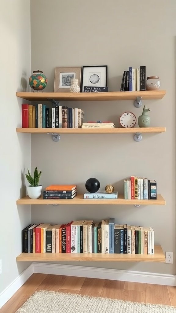 A set of corner floating shelves displaying books and decorative items.
