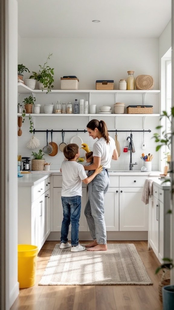 A bright kitchen with cleaning supplies, showcasing a cleaning zone setup.