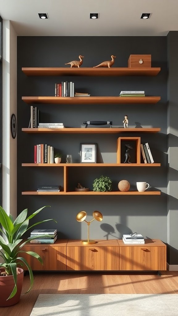 A stylish arrangement of floating shelves displaying books, decorative items, and plants in a modern living space.