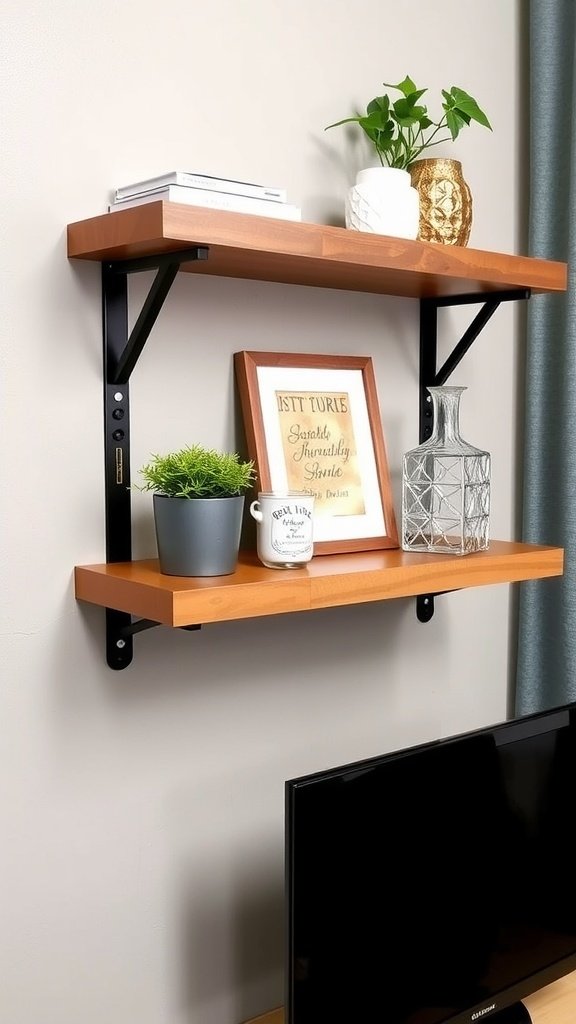 A simple DIY floating shelf mounted with black brackets, featuring decorative items.
