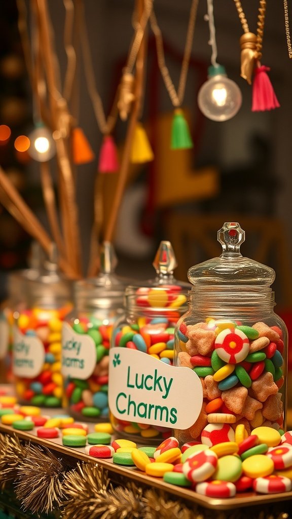 Colorful jars filled with candies labeled 'Lucky Charms' for St. Patrick's Day decoration