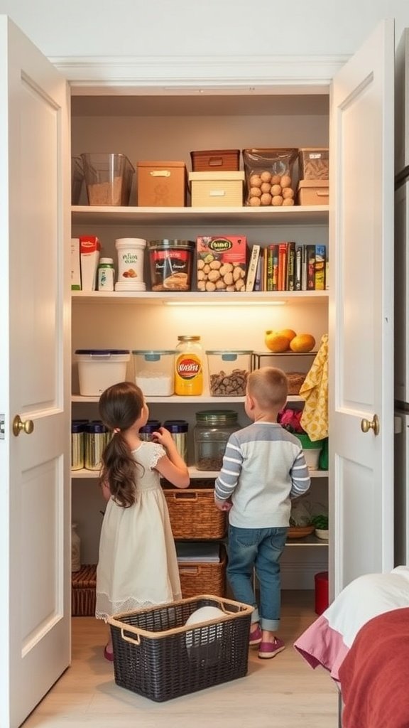 Two children looking into a well-organized pantry, highlighting family participation in decluttering.