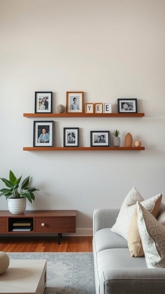 A living room featuring floating shelves with family photos framed, a plant, and decorative items.