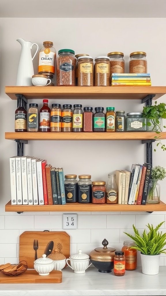 Floating shelves in a kitchen displaying jars, spices, and cookbooks.