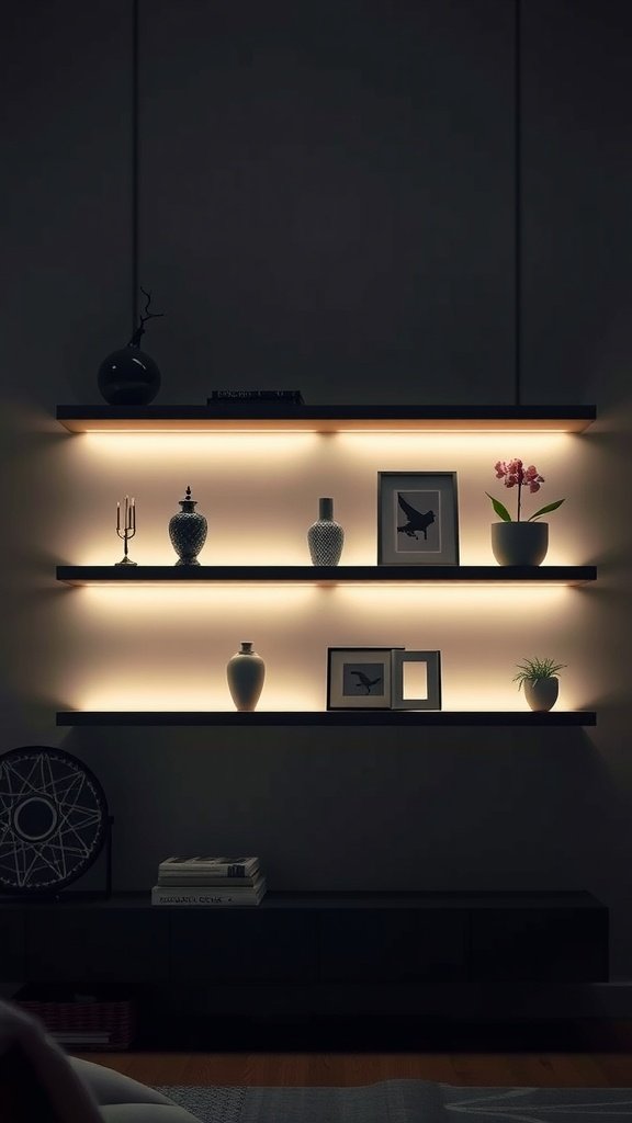 Floating shelves with LED lighting showcasing decorative items and plants