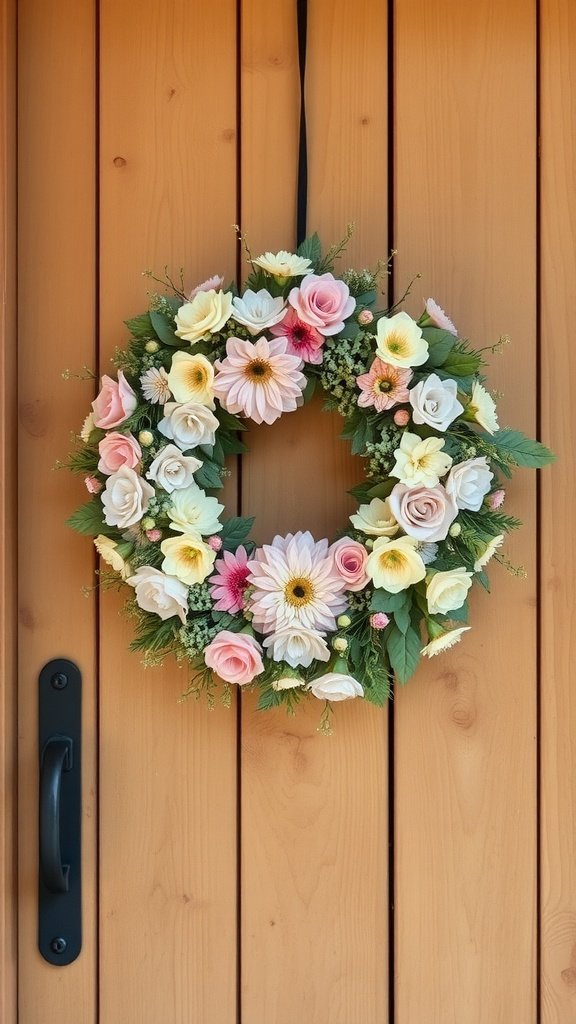 A beautiful floral wreath with pastel colored flowers on a wooden door.
