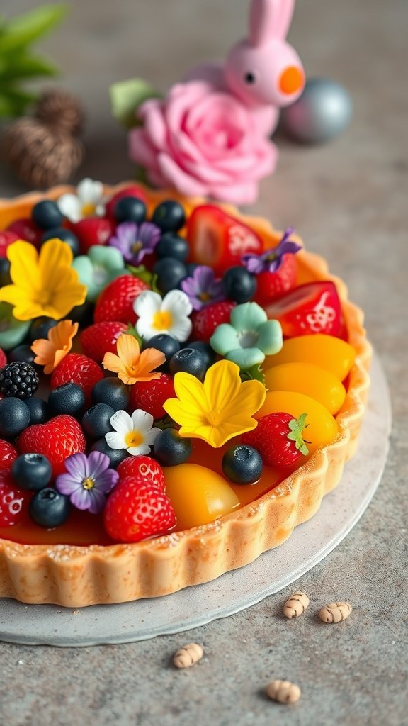 Colorful fruit tart decorated with flowers and fruits for Easter