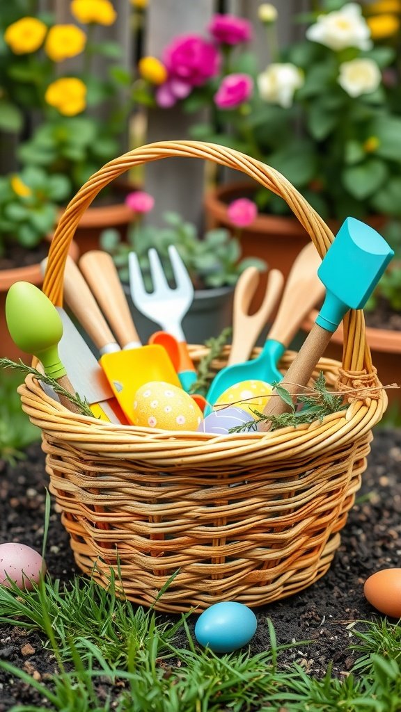 A wicker basket filled with gardening tools, colorful eggs, and flowers in the background.