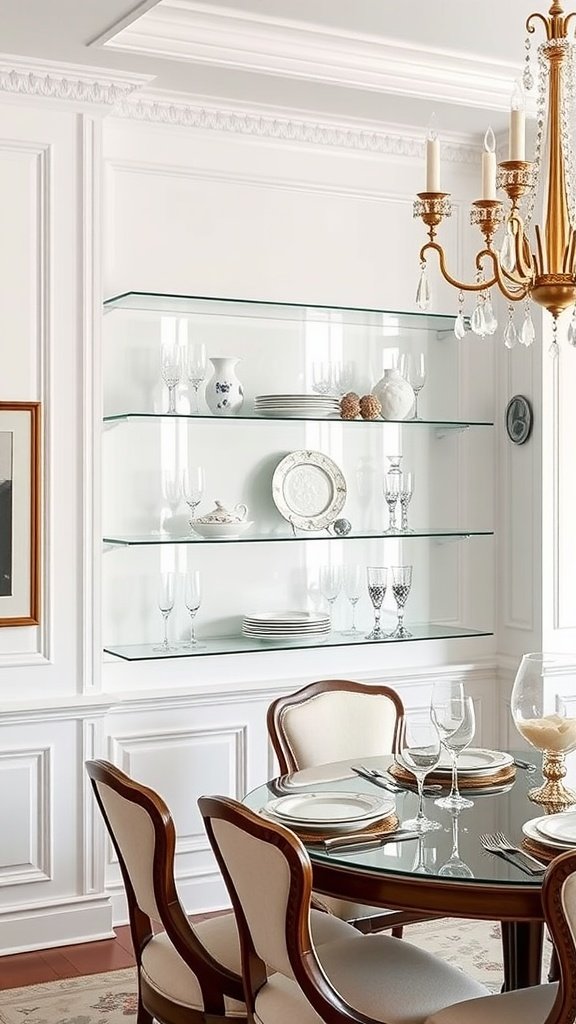 A stylish dining area featuring glass floating shelves with elegant dishware.