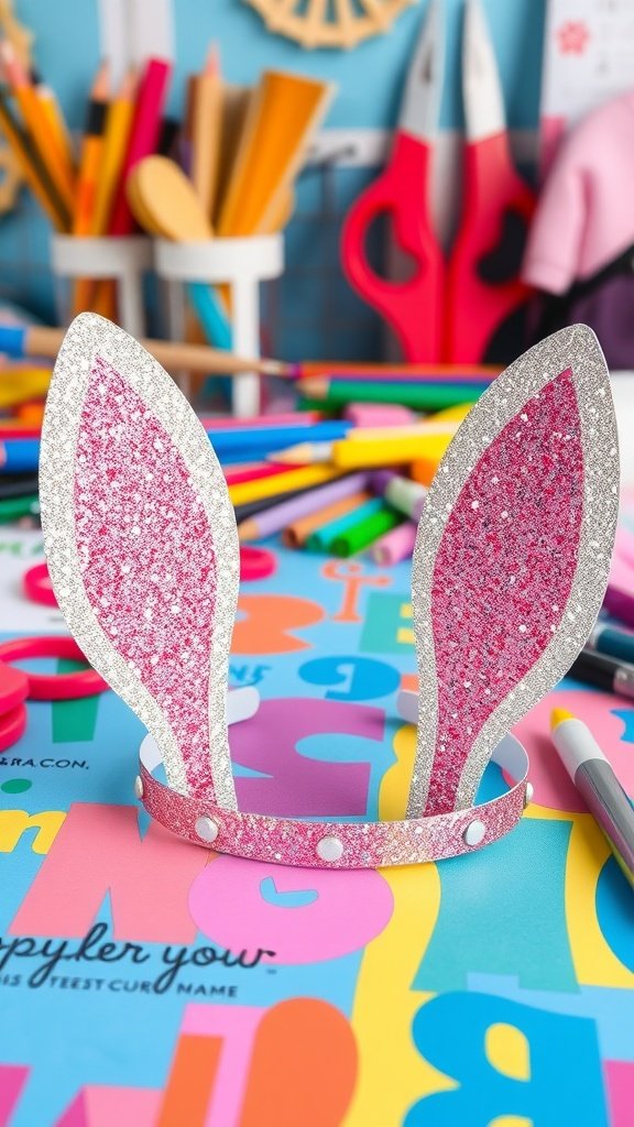 Glittery pink bunny ears on a colorful background with crafting materials
