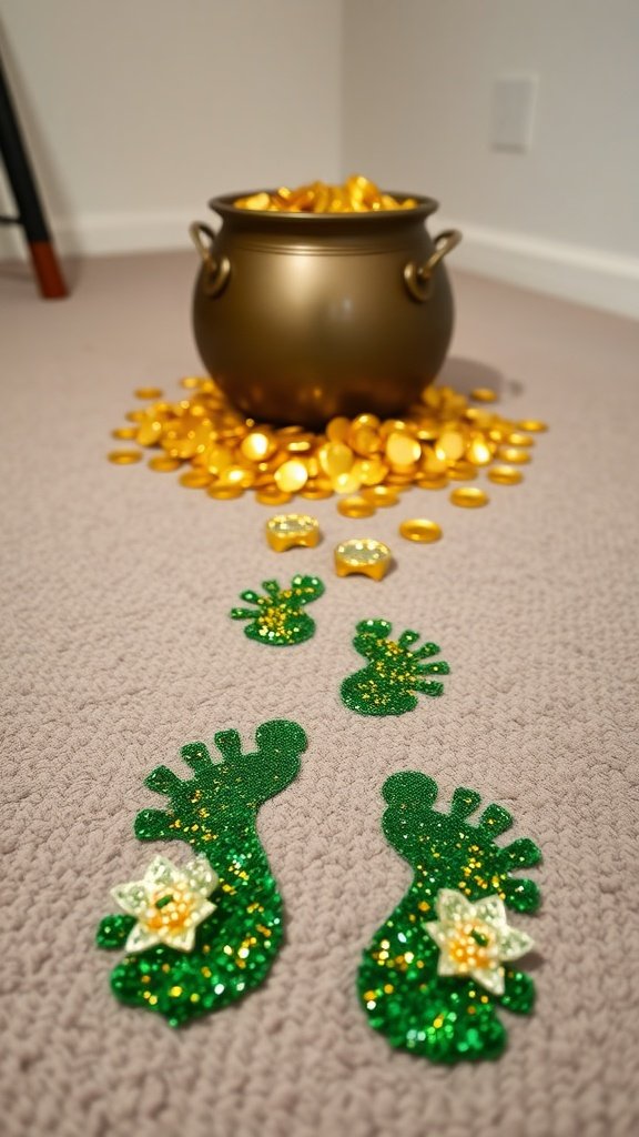 A pathway of glittery green leprechaun footprints leading to a pot of gold coins.