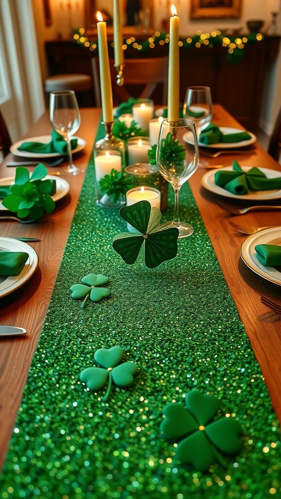 A glittery green table runner with shamrock decorations set on a dining table.