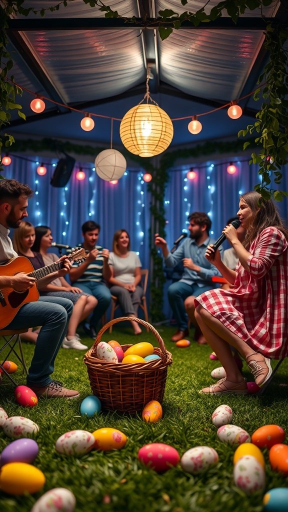 A group of friends enjoying a karaoke night with colorful eggs scattered around.