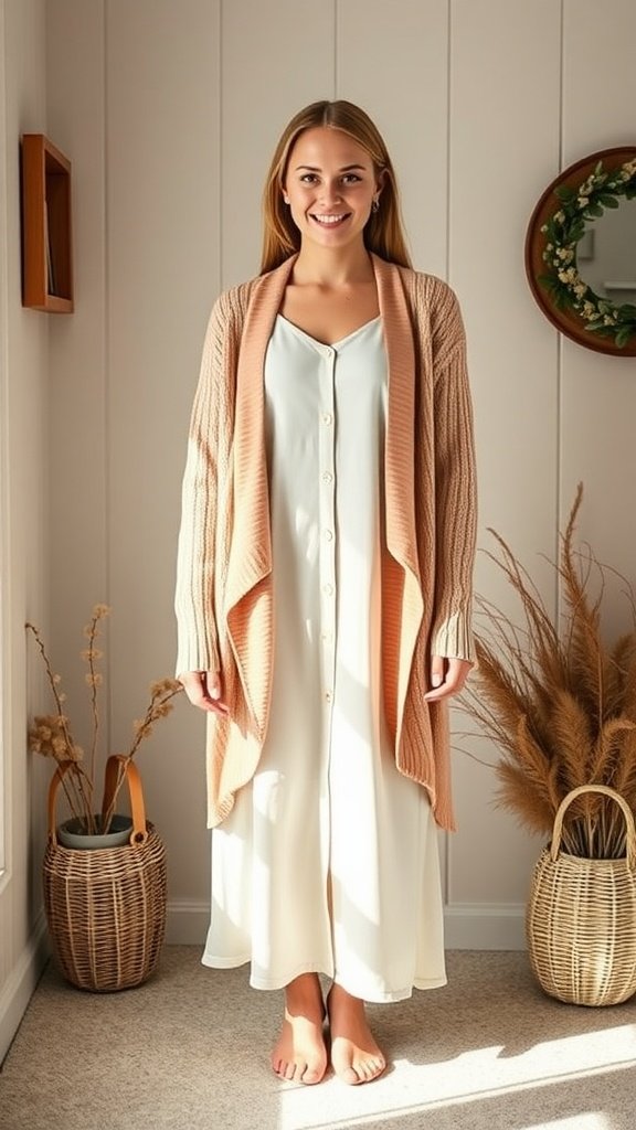 A woman wearing a layered cardigan over a simple shift dress, smiling in a bright room.