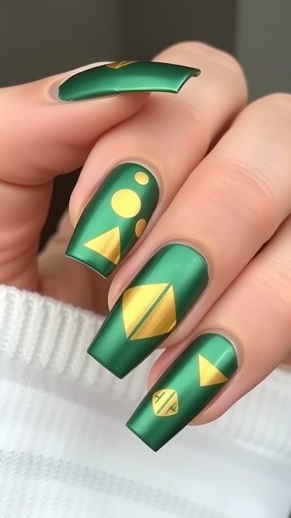Nails painted in green with gold abstract shapes and metallic finish