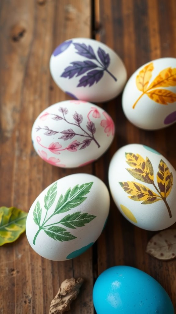 Easter eggs decorated with colorful leaf prints on a wooden surface.
