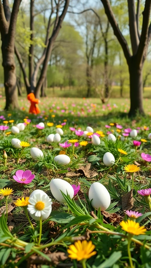 Nature-themed Easter egg hunt with white eggs among colorful flowers in a green park.