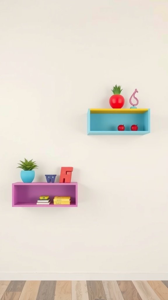 Colorful painted floating shelves with decorative items