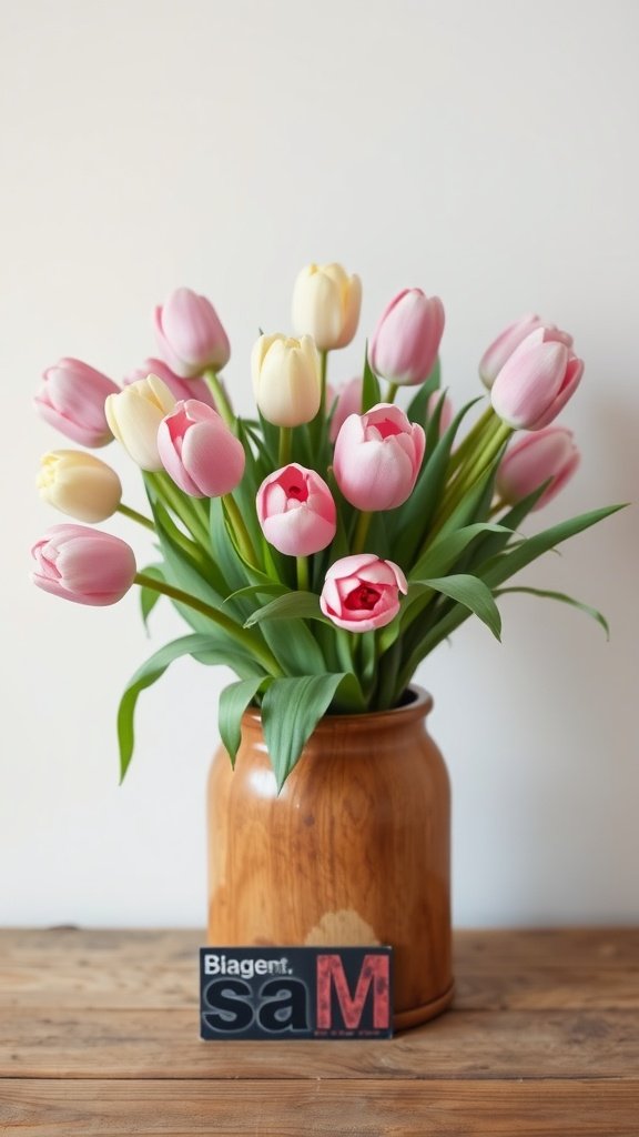 A pastel tulip arrangement in a wooden vase, featuring pink and white tulips.