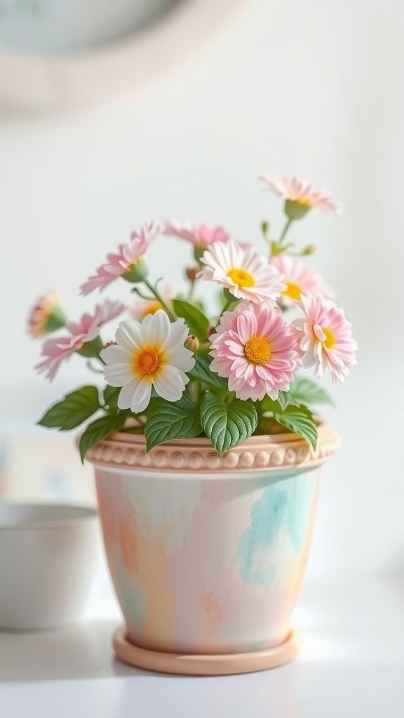A pastel hand-painted flower pot with pink and white daisies.