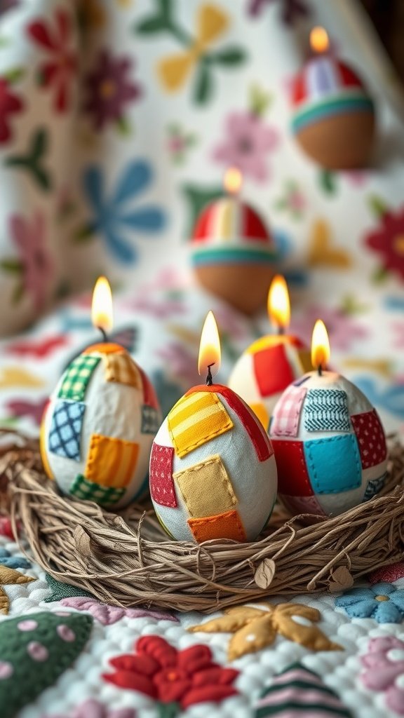 Colorful patchwork egg candles placed in a nest, with some lit, surrounded by a floral background.