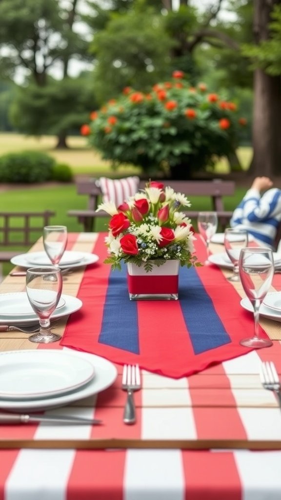 A beautifully set outdoor dining table with a red and blue striped table runner, white plates, and a floral centerpiece.