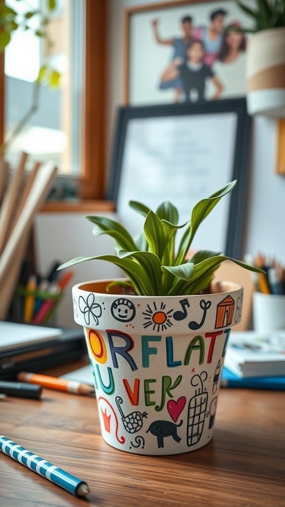 A colorful hand-painted flower pot with playful doodle art, featuring various designs and a green plant inside.