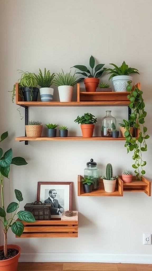A wall with repurposed wooden crates serving as floating shelves, displaying various plants and decorative items.