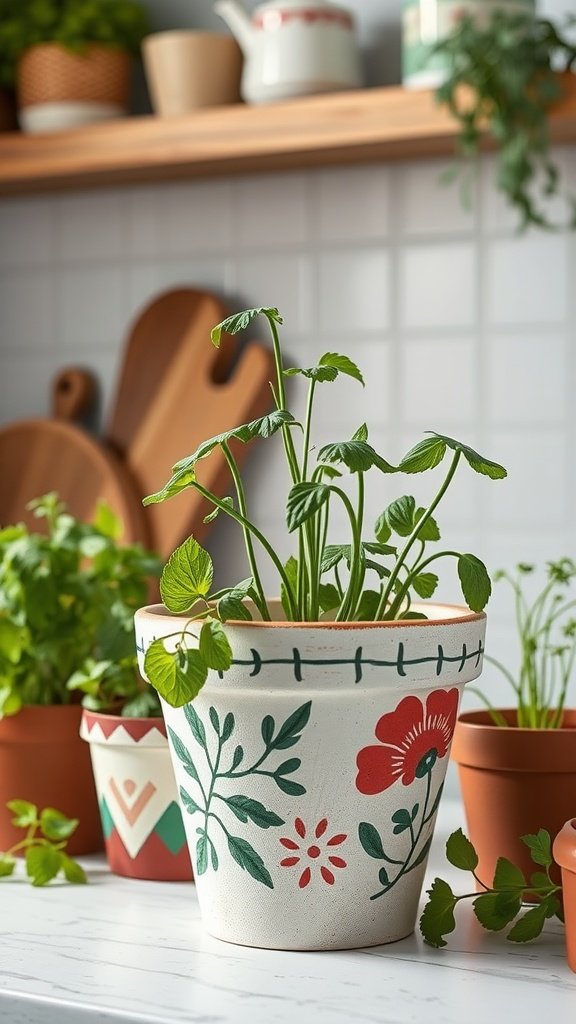 A collection of hand-painted flower pots with vibrant floral designs, placed on a kitchen counter.