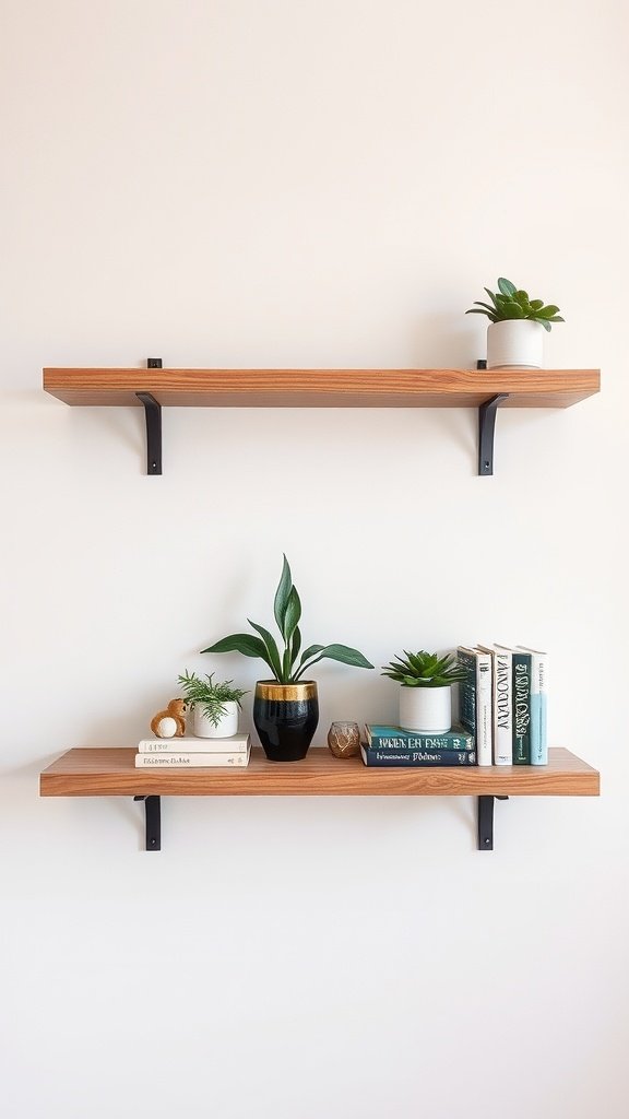 Two rustic wood floating shelves with plants and books on a light wall.