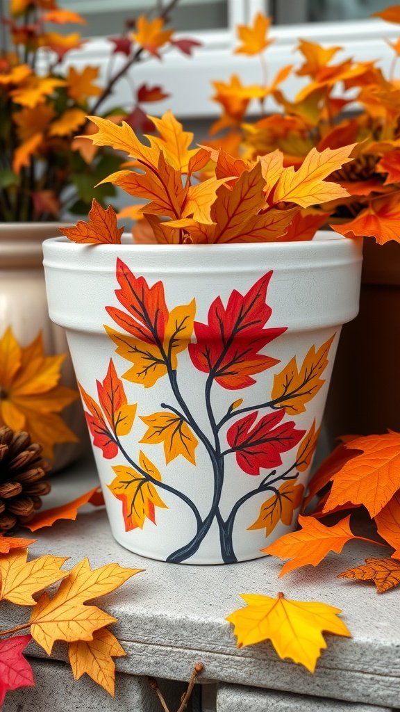 A hand-painted flower pot with vibrant fall leaves in red, orange, and yellow.