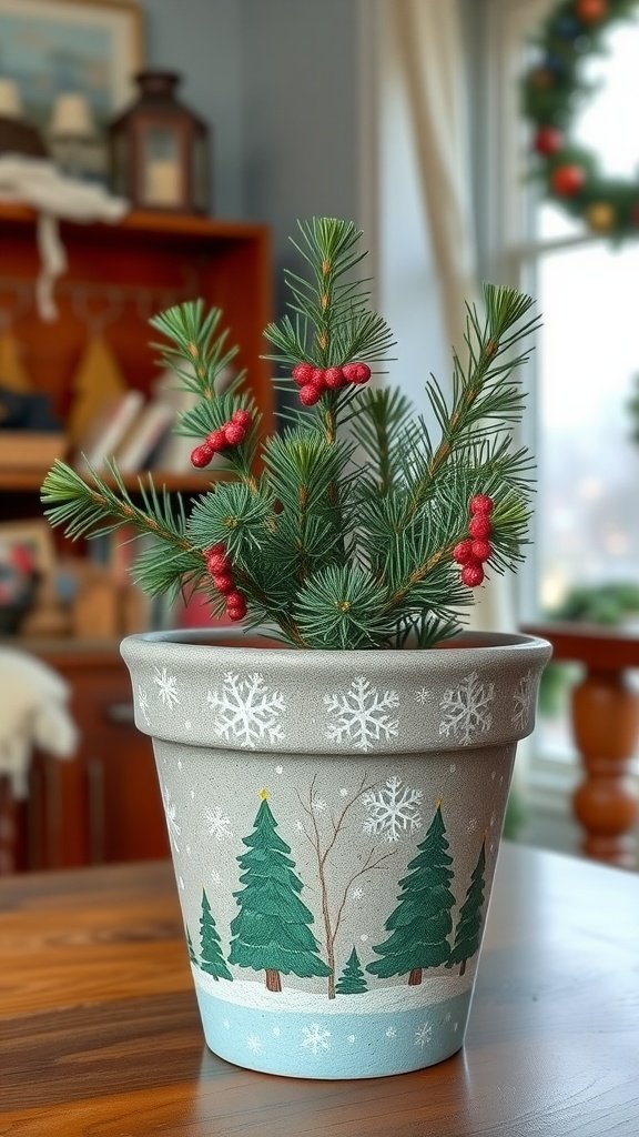 Hand-painted flower pot with winter theme, featuring snowflakes and evergreen trees.