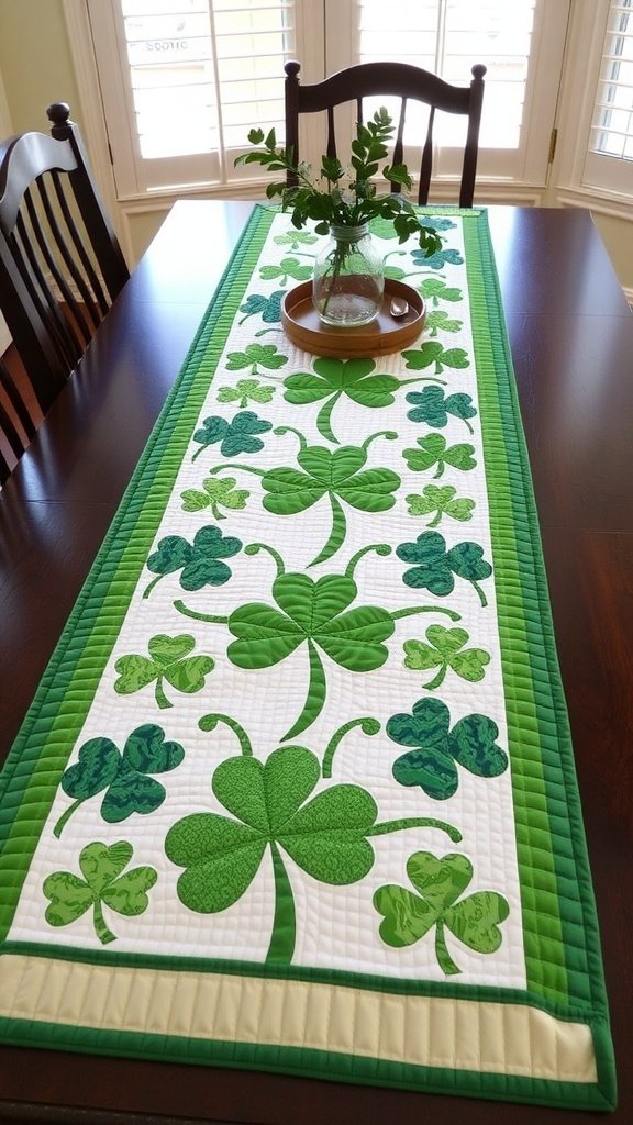 A colorful shamrock quilted table runner on a wooden table.