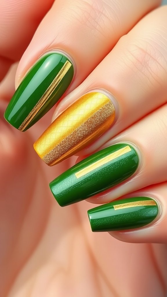 Nail art design with green and gold stripes and glossy finish