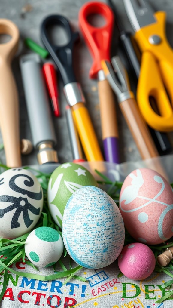 Colorful Easter eggs with various stencil designs and crafting tools